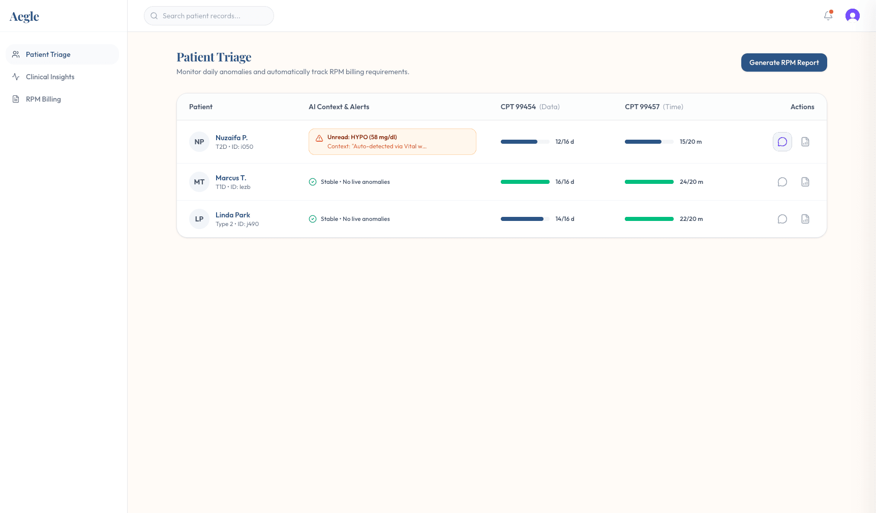 Aegle Provider Dashboard — Patient Triage view showing CPT billing progress and AI context alerts