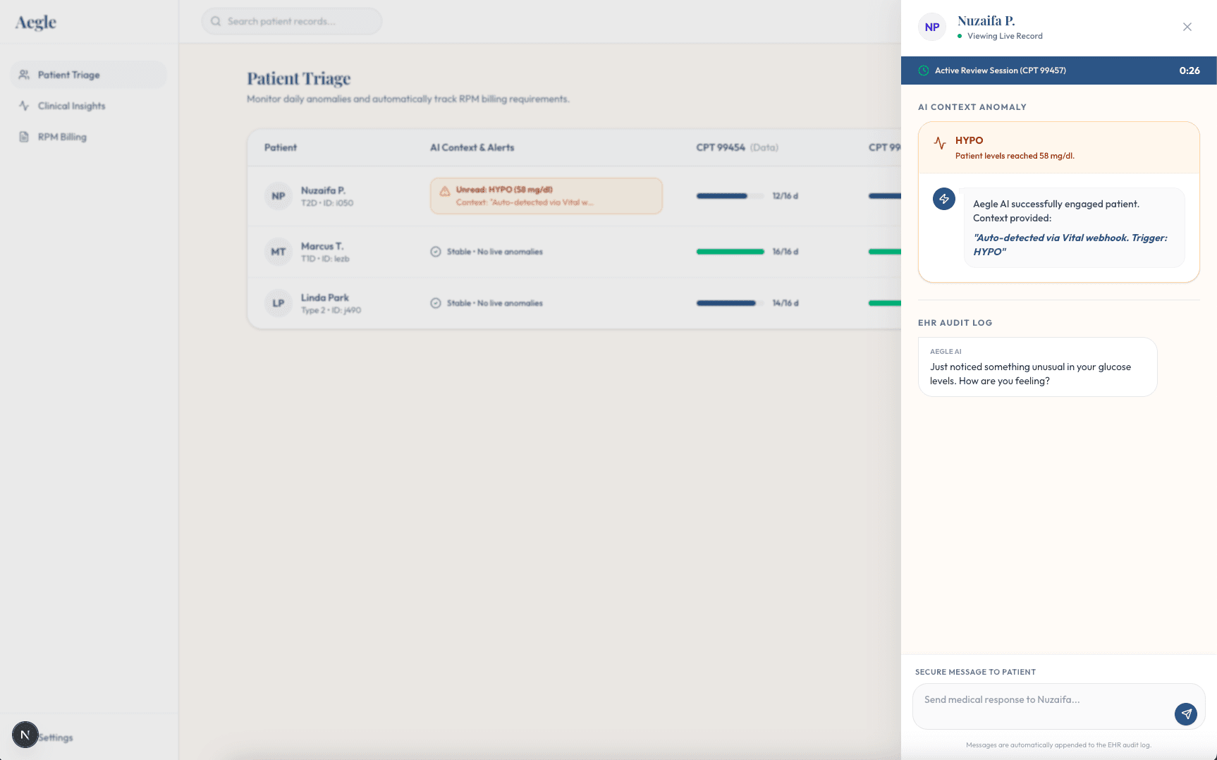 Aegle Provider Dashboard — Patient detail panel showing AI context anomaly, EHR audit log and secure messaging